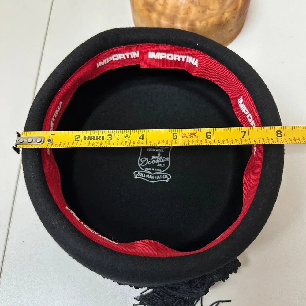 Vintage Importina Bollman Hat Co Black Wool Doeskin Felt Pillbox Hat Tassel USA